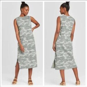 University Thread Sleeveless Camouflage Women's M Casual Slit Tank Maxi Dress
